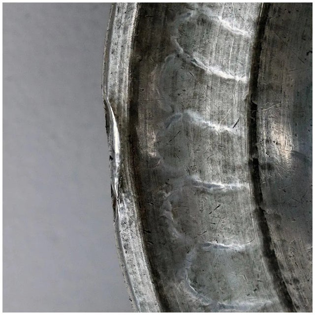 French Pewter Chased and Repousse Armorial Wavy Edge Reeded Plate For Sale - Image 4 of 7