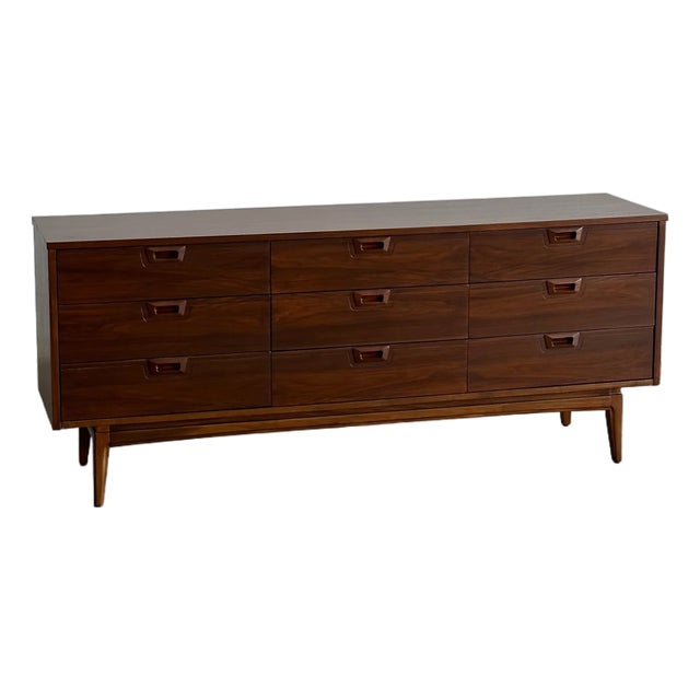 1960s Walnut Triple Dresser With Sculpted Handles For Sale