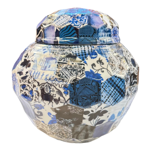 Faceted Blue and White Ginger Jar With Lithographic Glaze Transfer Decoration by Fabienne Jouvin Circa 1990s