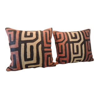 Vintage Woven African Raffia Kuba Textile Square Decorative Pillows - Set of 2 For Sale