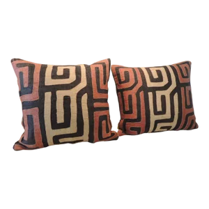 Vintage Woven African Raffia Kuba Textile Square Decorative Pillows - Set of 2