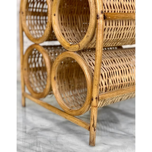 Vintage Boho Coastal Rattan Wicker Sculptural Wine Bottle Rack Holder For Sale - Image 10 of 13