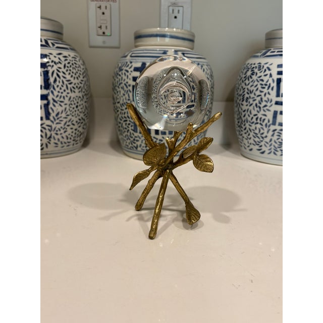 Vintage Art Glass Orb Sculpture On Brass Branch Stand Sculptural clear art glass orb with an internal abstract bubble...