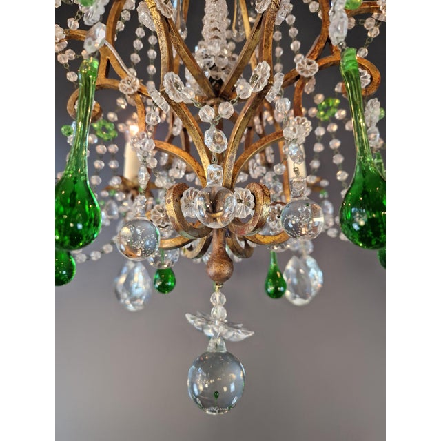 Brass 1940s Italian Rococo Revival Crystal Chandelier With Emerald Green Drops 6 Lights For Sale - Image 8 of 13