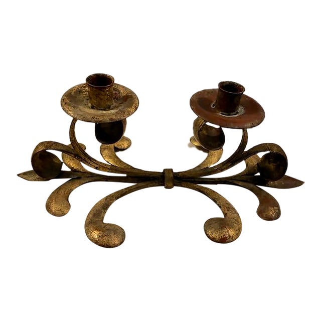 1950s S. Salvadori Italian Gilt Tole Leaf Fleur De Lis Candle Holder – Authentic, Signed For Sale