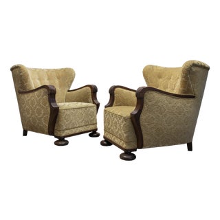 Vintage Swedish Wingback Chairs with Golden Velvet and Carved Oak Armrests, 1920s, Set of 2 For Sale