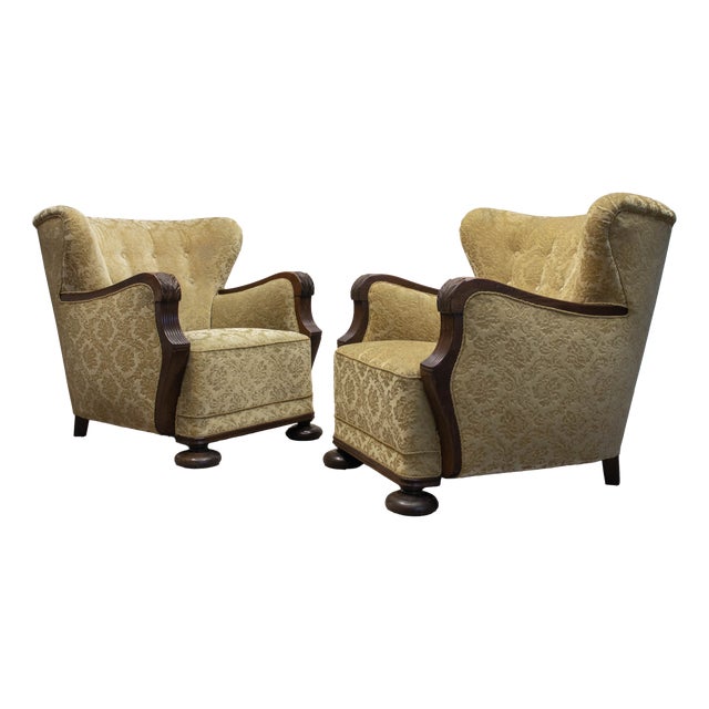 Vintage Swedish Wingback Chairs with Golden Velvet and Carved Oak Armrests, 1920s, Set of 2 For Sale