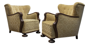 Vintage Swedish Wingback Chairs with Golden Velvet and Carved Oak Armrests, 1920s, Set of 2