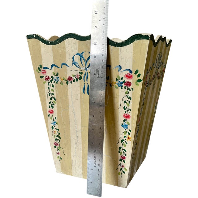 Hand-Painted Wooden Wasetbasket With Romantic Floral Swags, Bows and Stripes by Jane Keltner For Sale - Image 11 of 11