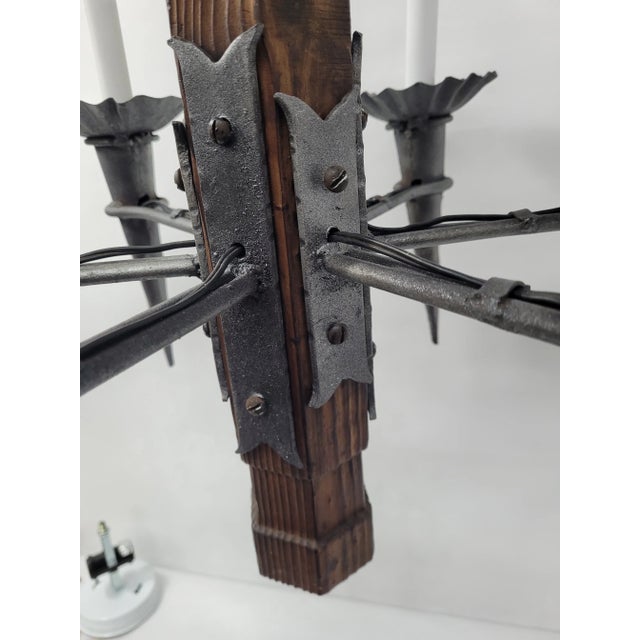Brown Spanish Revival 6-Light Iron & Wood Chandelier Gothic Arts & Crafts Rustic Castlecore Light For Sale - Image 8 of 15