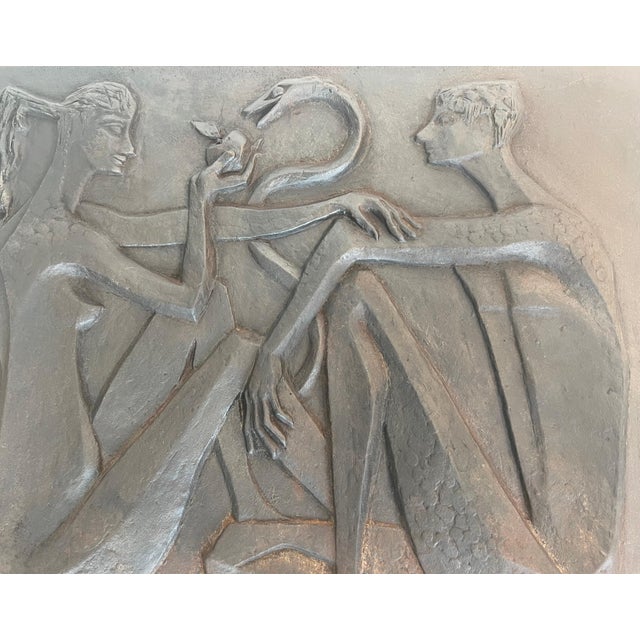 Metal Modernist fireback depicting Adam and Eve, the apple and the serpent For Sale - Image 7 of 12