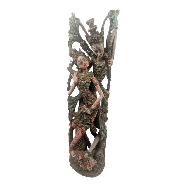 Large Vintage Balinese Polychrome Carved Wood Rama and Sita Sculpture, 32" For Sale