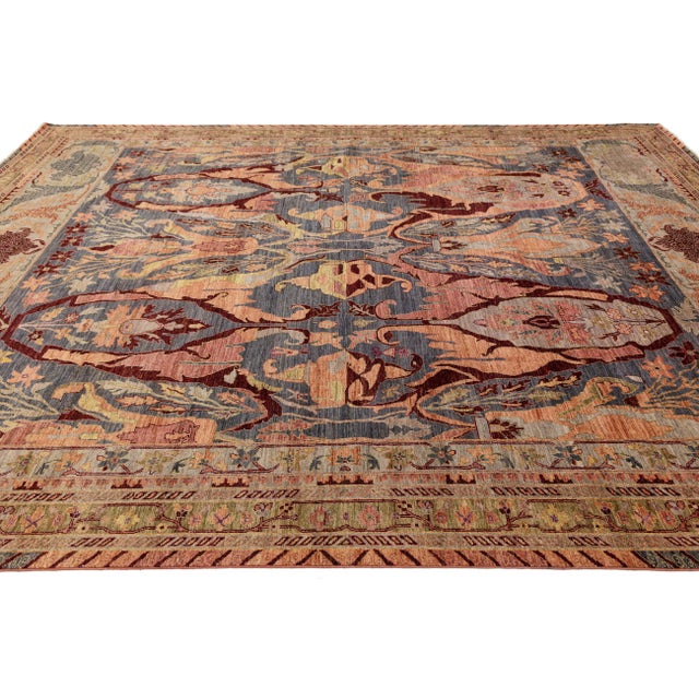 Modern Bidjar Style Hand-Knotted Wool Rug –Botanical Motifs in Blue & Terracotta For Sale In New York - Image 6 of 11