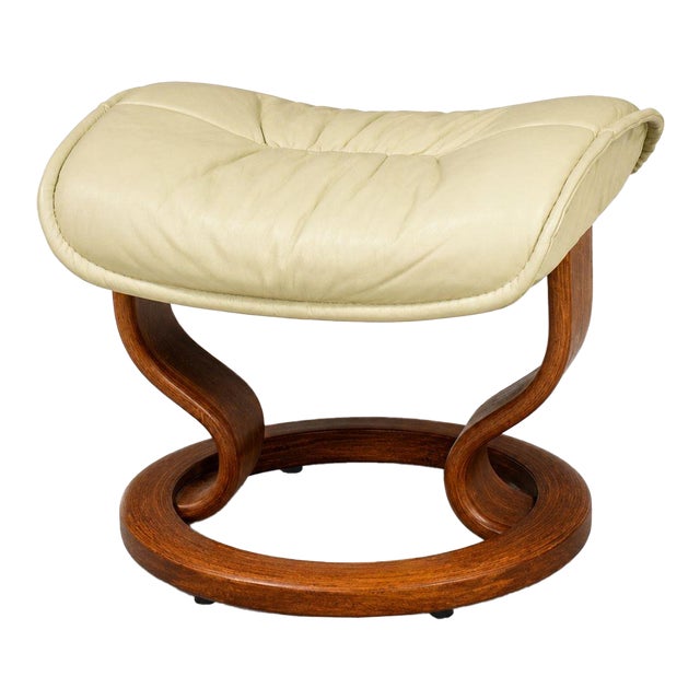 1990s Ekornes Stressless Off White Cream Leather Teak Ottoman For Sale