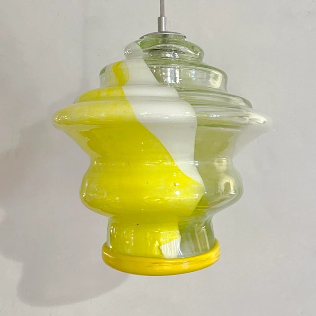Bespoke Italian Organic Lemon Yellow White Step Tulip Murano Glass Pendant Light For Sale - Image 12 of 13