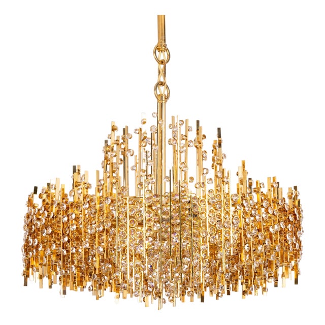 Large Gilt Brass and Crystal Chandelier from Palwa, Germany, 1970s For Sale