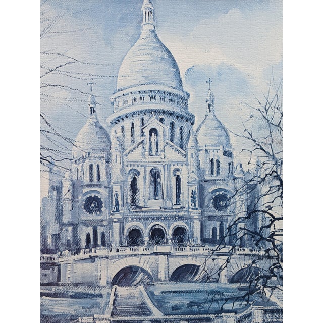 Atmospheric blue monochrome view of Sacré-Cœur in Montmartre, Paris, attributed to French artist Jean-Pierre Brunet and...