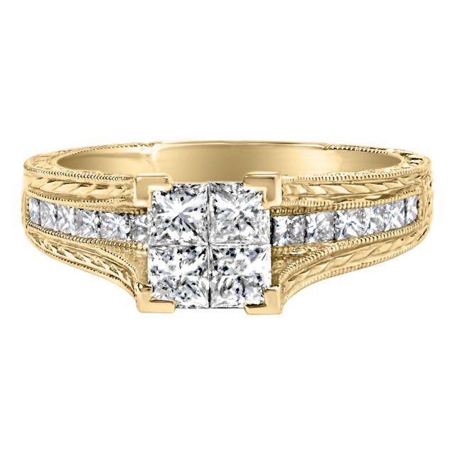 14K Yellow Gold 1.0 Cttw Princess Composite Diamond Engagement Ring, Size 7 For Sale