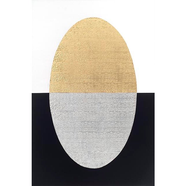 Rebecca Koury "Tapestry of Mutuality" Gold Black White Contemporary Abstract Painting, Acrylic and Mixed Media on Canvas, Carmel California Art For Sale