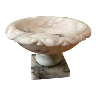 Alabaster Bird Bath Pedestal Bowl Compote White Stone Farmhouse Decor Italy Circa 1950s For Sale