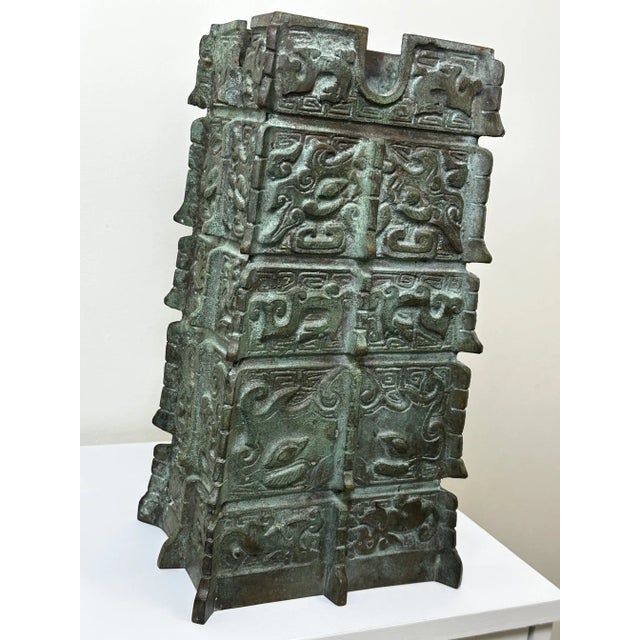Early 20th Century Early 20th Century Small Chinese Bronze Patina Lamp Base Sculpture With Verdigris Patina For Sale - Image 5 of 11