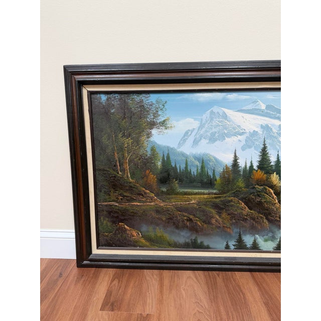 Transitional 1970s Signed Mountain Landscape Oil Painting For Sale - Image 3 of 18