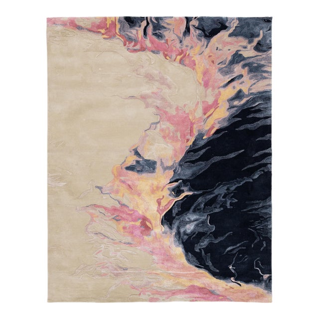 Abstract "Volcanic Ember" Modern Hand-Tufted Wool Rug – Navy, Pink, & Gold For Sale