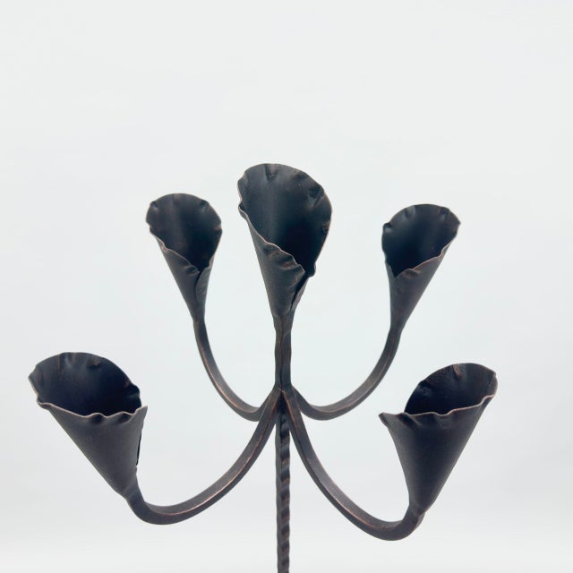 Hand Forged Iron Floor Candelabra 49″ (125cm) Antique Copper Patina 5-Arm Lily Cup Candle Holder Rustic Church Decor For Sale - Image 6 of 8