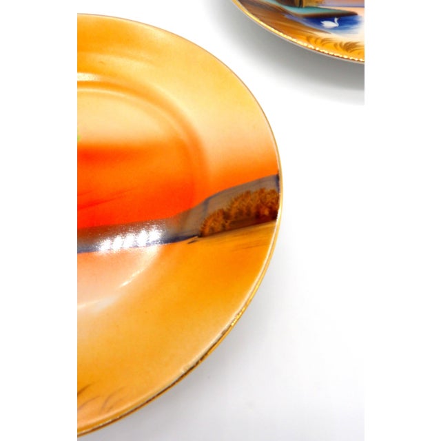 Vintage Noritake Porcelain Plates — Hand-Painted Sunset Lake Scene With Swan, Gold Rim, M in Wreath Mark, c.1920s-1940s - a Pair For Sale - Image 6 of 9
