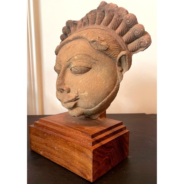 Wood Collection of Three Indian Sandstone Carved Heads of Deities For Sale - Image 7 of 18
