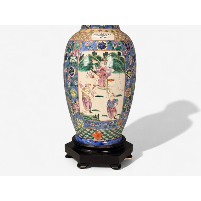 19th Century Famille Rose, Large Chinese Table Lamps, Porcelian, Rosewood, China, 19th C. For Sale - Image 5 of 13