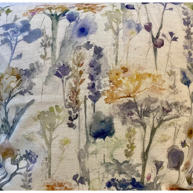 20” Square Pillow With a Blue & Gold Watercolor-Like Floral Print - Made in U K This pillow was made in Wales, U.K., by a...