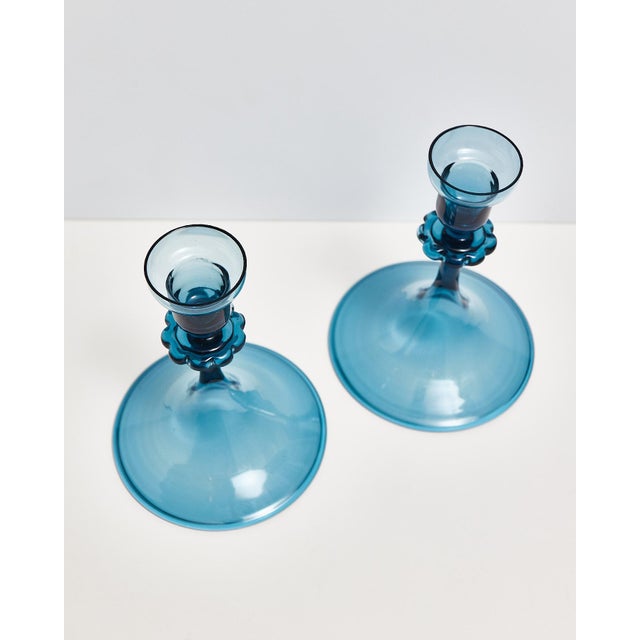 Mid Century Blue Glass Orrefors Swedish Candlestick Pair For Sale In Dallas - Image 6 of 15