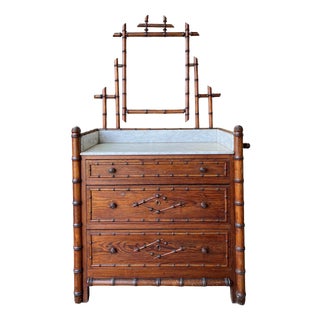 Antique French Commode in Faux Bamboo and Marble with Mirror, 1890s For Sale