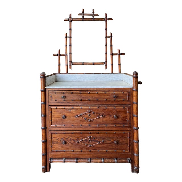 Antique French Commode in Faux Bamboo and Marble with Mirror, 1890s For Sale