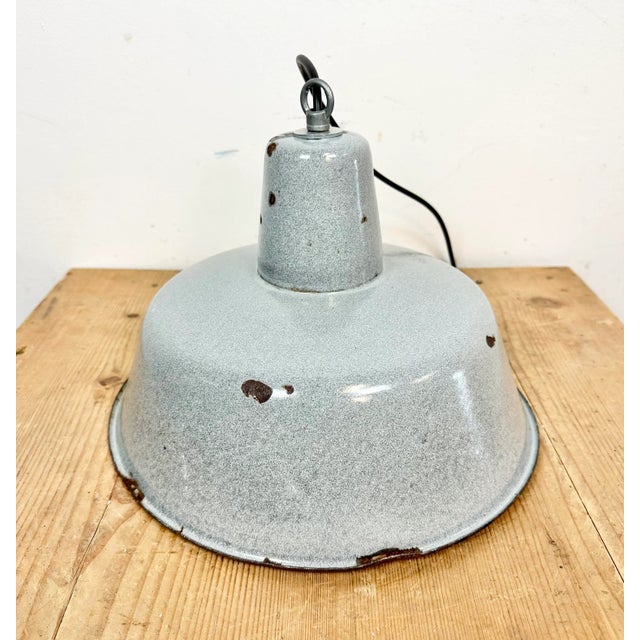 Industrial Grey Enamel Factory Lamp, 1960s For Sale - Image 9 of 13
