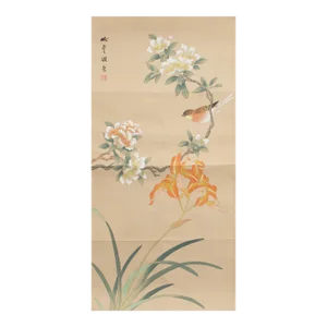 Post 1940s Showa Era Japanese Silk Scroll "Rosefinch, Camellias and Lilies"