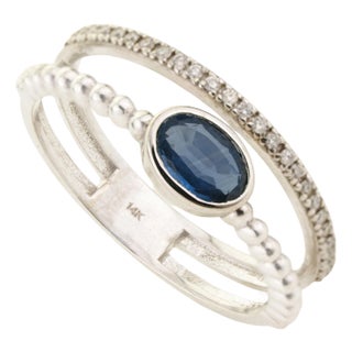 14k Gold Modern Blue Sapphire & Diamond Beaded Double Band Ring Size 6.5 For Sale