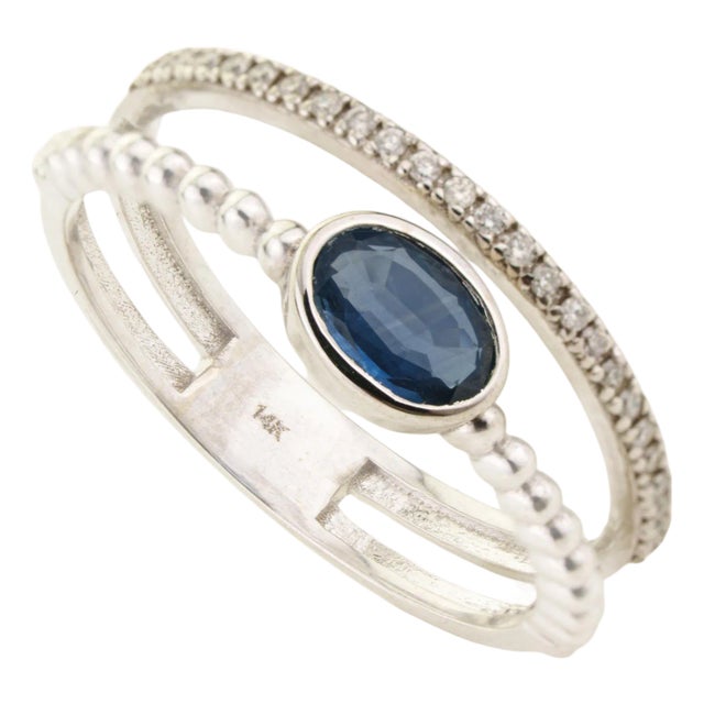 14k Gold Modern Blue Sapphire & Diamond Beaded Double Band Ring Size 6.5 For Sale