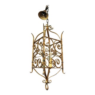 Early 20th Century French Gilt Iron Double Light Hanging Lantern For Sale