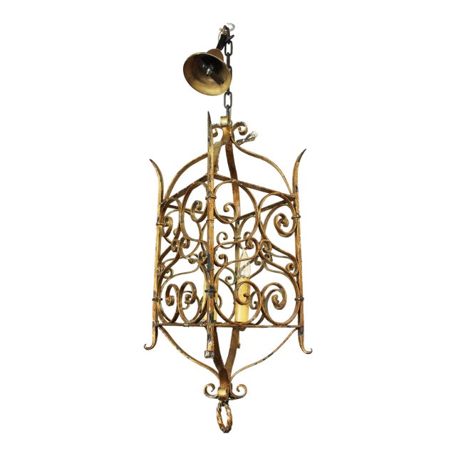 Early 20th Century French Gilt Iron Double Light Hanging Lantern For Sale