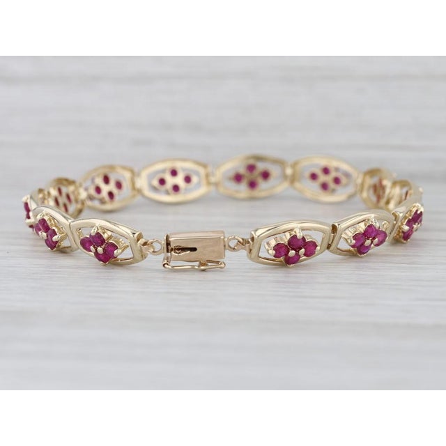 2010s 4ctw Ruby Flower Tennis Bracelet 14k Yellow Gold 7.25" 7.5mm For Sale - Image 5 of 9