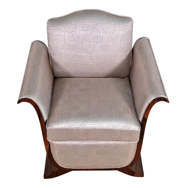 Single Art Deco armchair France around 1930. Fine wood veneer. Flared sides and corresponding mustache foot curved...