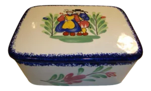 French Faience Eathenware Box With Its Lid Made by Pornic, Quimper Style, W-6.50