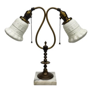 1920s Two Arm Brass and Marble Lamp With Milk Glass Shades For Sale