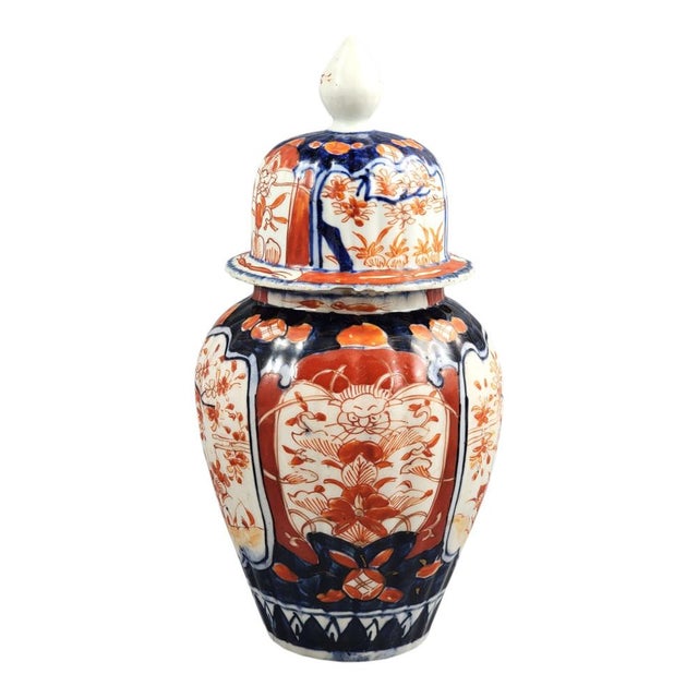 A charming Japanese Imari porcelain ginger jar with cover made in Arita, Japan in the late 19th century. Arita was the...