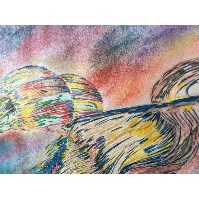 Vintage framed piece of abstract art with vibrant colors and dynamic, flowing lines. The artwork features a central figure...