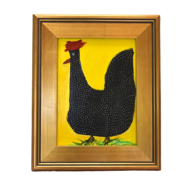 2020s Folk Art Chicken Hen Painting by Ruth Arenz Iincluding the Aniqued Gold Wood Frame For Sale - Image 5 of 7