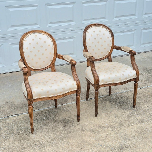 1990s Century Furniture Louis XVI Oak Open Arm Chairs Fauteuils for Reupholstery, a Pair For Sale - Image 12 of 12