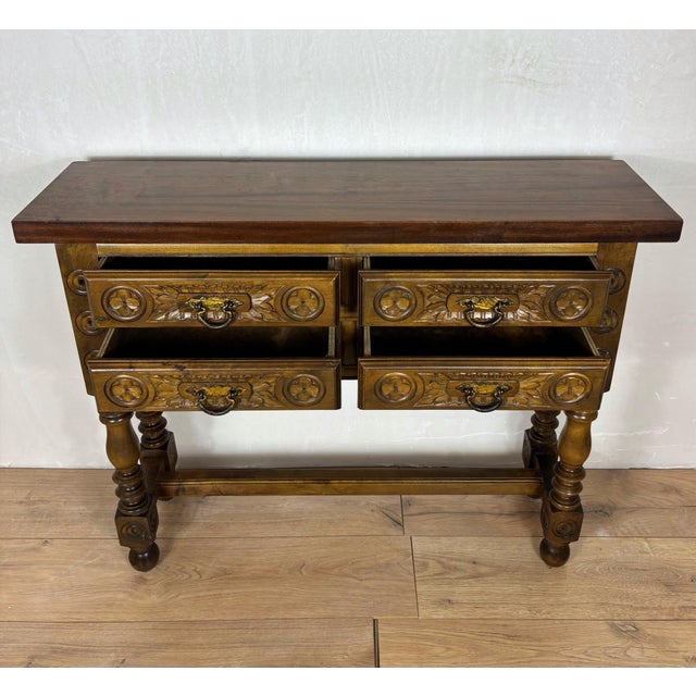 Wood 1930s Spanish Renaissance Revival Console Table With Four Carved Drawers For Sale - Image 7 of 9